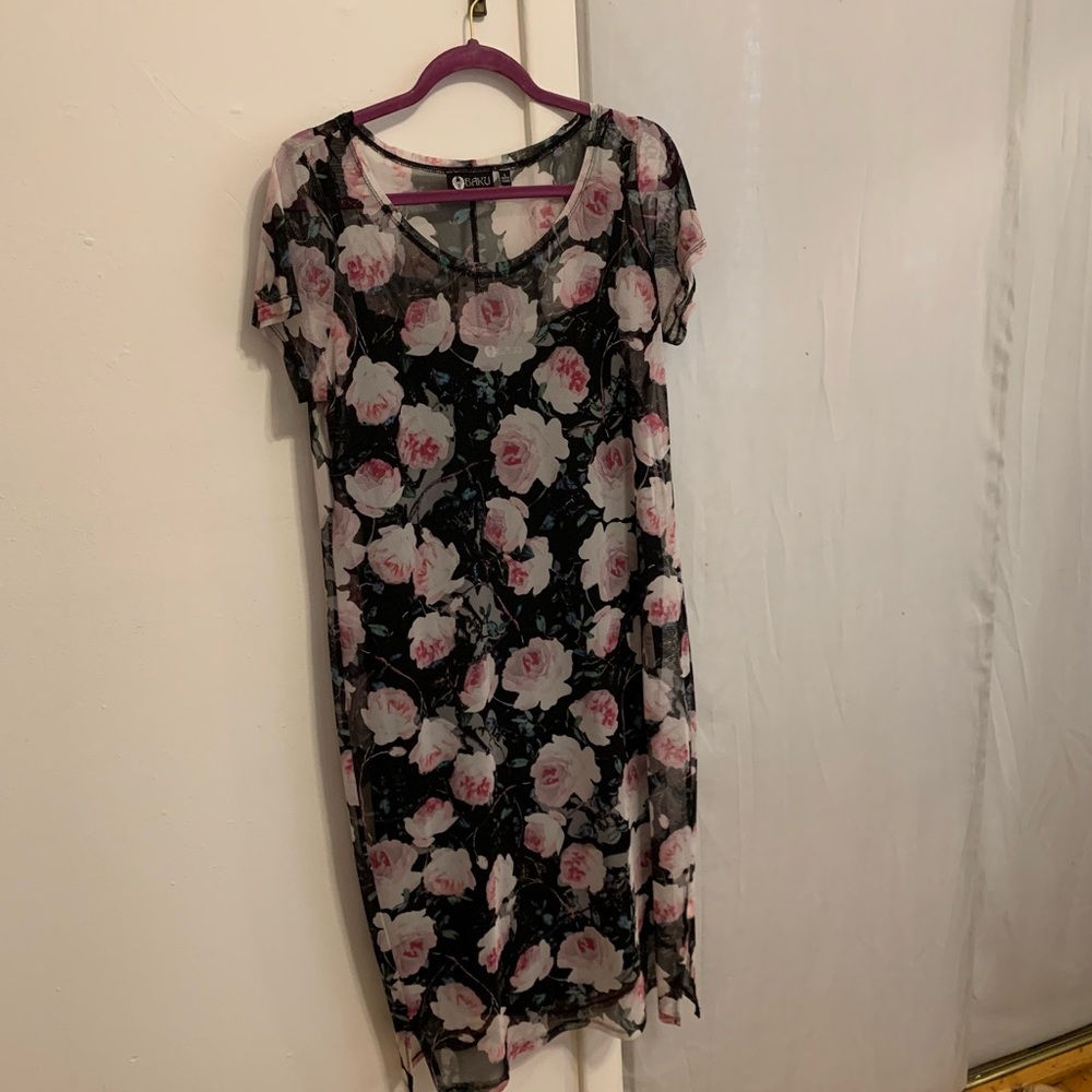 BAKU floral mesh two-layer midi dress